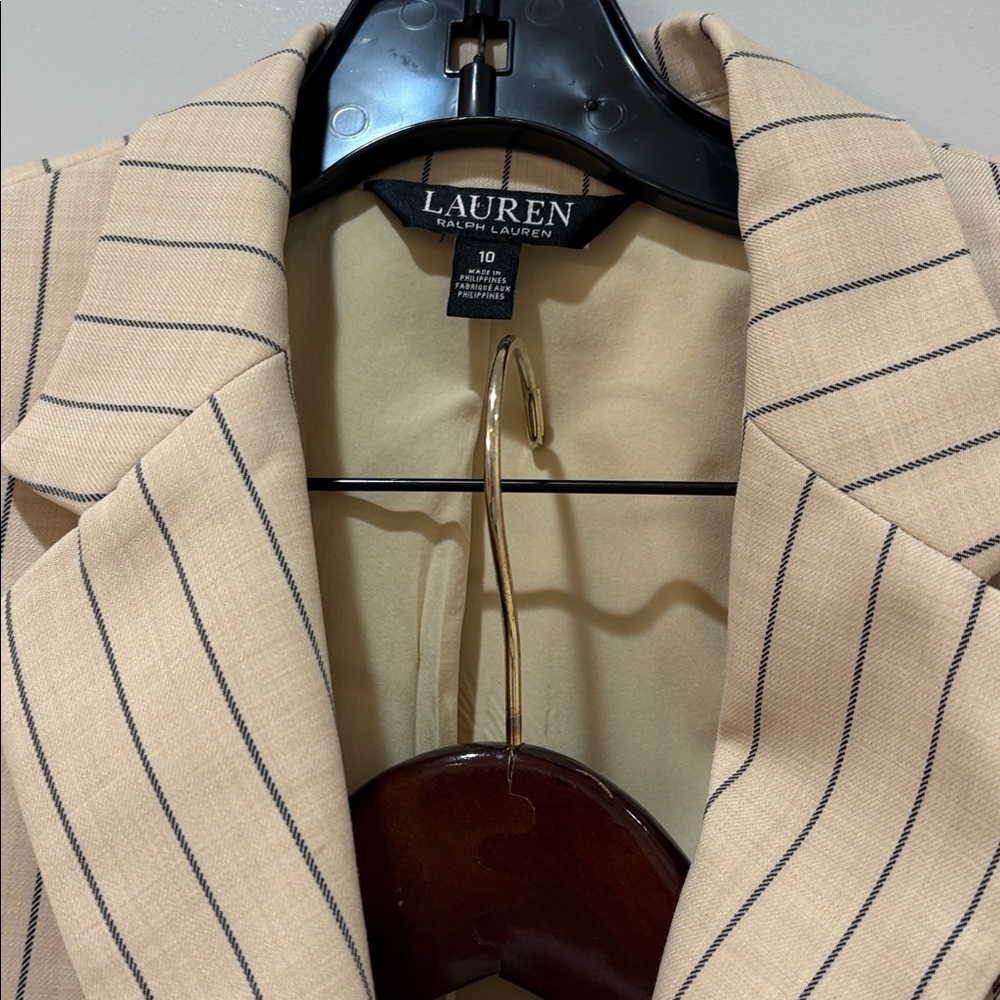 Ralph Lauren Beige Pinstripe Suit - Blazer and Pants with Navy Stripes - Picture 2 of 3